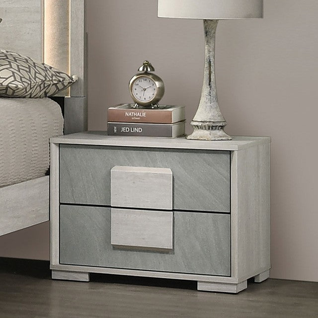 FM7201WH-N Lincolt white wash / stone grey finish wood 2 drawer nightstand