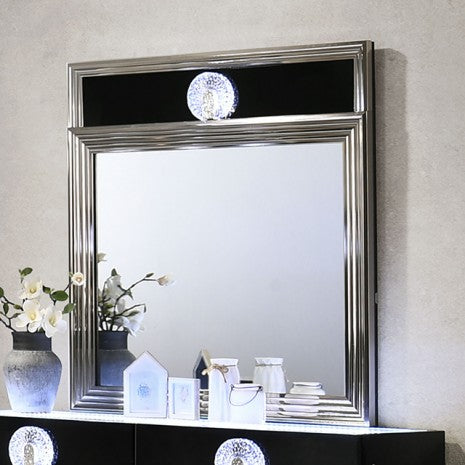 FM72020DG-4PC 4 pc set Noire charcoal grey /black finish wood padded queen bedroom set LED lighted accents silver trim