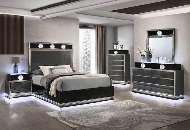 FM72020DG-4PC 4 pc set Noire charcoal grey /black finish wood padded queen bedroom set LED lighted accents silver trim