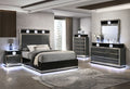 FM72020DG-4PC 4 pc set Noire charcoal grey /black finish wood padded queen bedroom set LED lighted accents silver trim