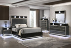 FM72020DG-4PC 4 pc set Noire charcoal grey /black finish wood padded queen bedroom set LED lighted accents silver trim