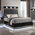 FM72020DG-4PC 4 pc set Noire charcoal grey /black finish wood padded queen bedroom set LED lighted accents silver trim