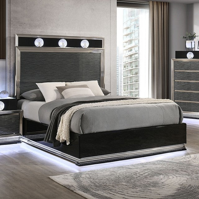 FM72020DG-4PC 4 pc set Noire charcoal grey /black finish wood padded queen bedroom set LED lighted accents silver trim