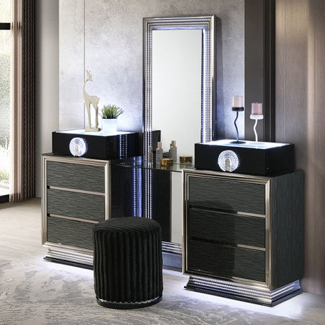 FM72020DG-V-SET 3 pc Noire charcoal grey and black finish wood make up bedroom vanity set LED lighting
