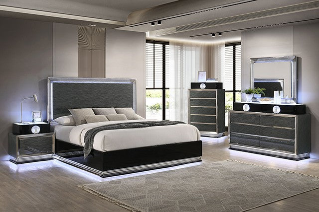 FM72021DG-4PC 4 pc set Morah charcoal grey /black finish wood padded queen bedroom set LED lighted accents silver trim