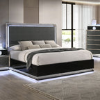 FM72021DG-4PC 4 pc set Morah charcoal grey /black finish wood padded queen bedroom set LED lighted accents silver trim