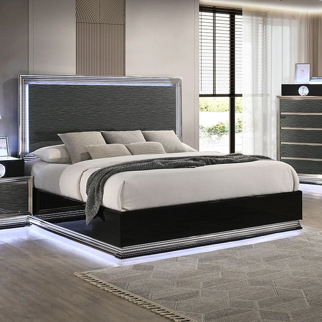 FM72021DG-4PC 4 pc set Morah charcoal grey /black finish wood padded queen bedroom set LED lighted accents silver trim