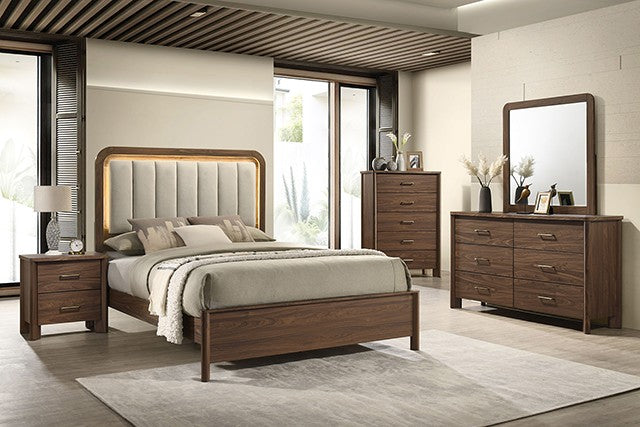 FM72022WN-4PC 4 pc Hayward walnut finish wood channeled padded fabric with LED accents queen bedroom set