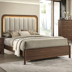 FM72022WN-4PC 4 pc Hayward walnut finish wood channeled padded fabric with LED accents queen bedroom set