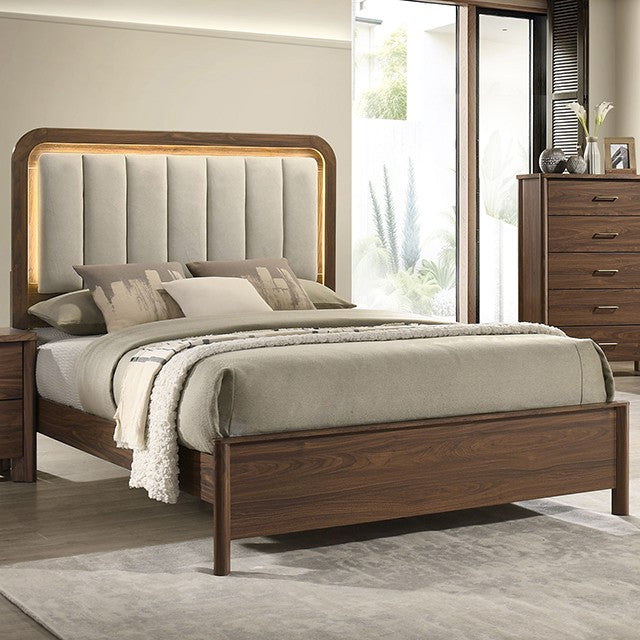 FM72022WN-4PC 4 pc Hayward walnut finish wood channeled padded fabric with LED accents queen bedroom set