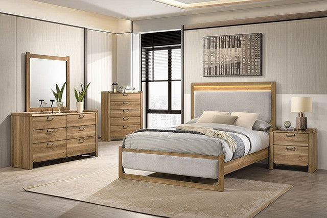 FM72023NT-4PC 4 pc Elinora natural finish wood fabric upholstered LED queen bedroom set