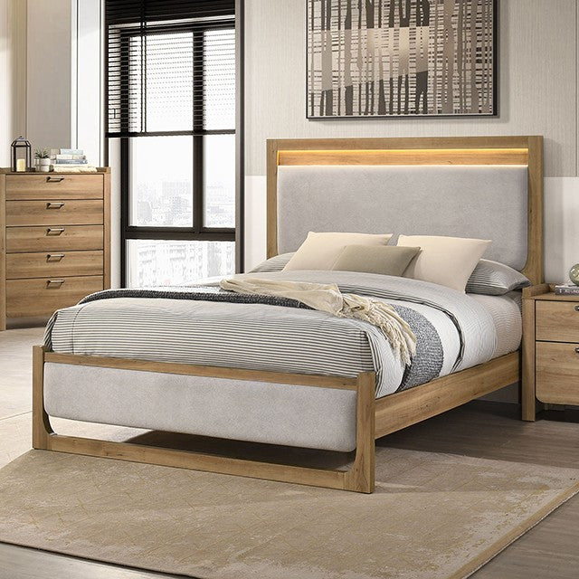 FM72023NT-4PC 4 pc Elinora natural finish wood fabric upholstered LED queen bedroom set