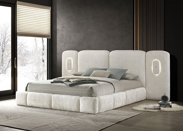 FM72024IV Newhaven ivory white tufted fabric upholstered paneled queen platform bed LED lighting
