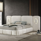 FM72024IV Newhaven ivory white tufted fabric upholstered paneled queen platform bed LED lighting