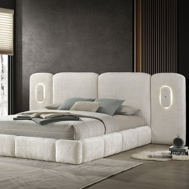 FM72024IV Newhaven ivory white tufted fabric upholstered paneled queen platform bed LED lighting