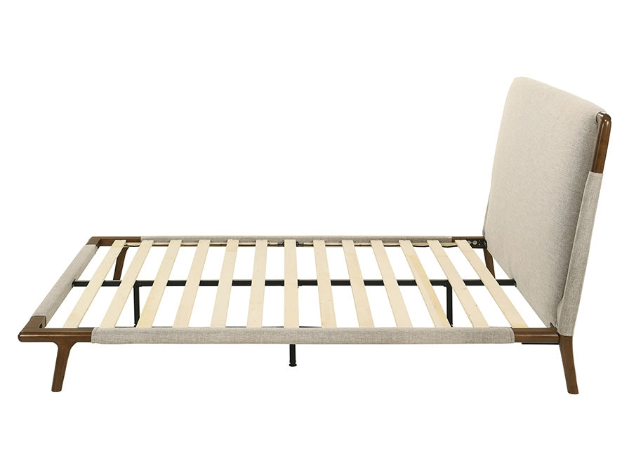FM72025BG Didcot beige fabric walnut wood accents low rise platform queen bed frame mattress ready