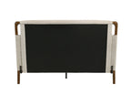 FM72025BG Didcot beige fabric walnut wood accents low rise platform queen bed frame mattress ready