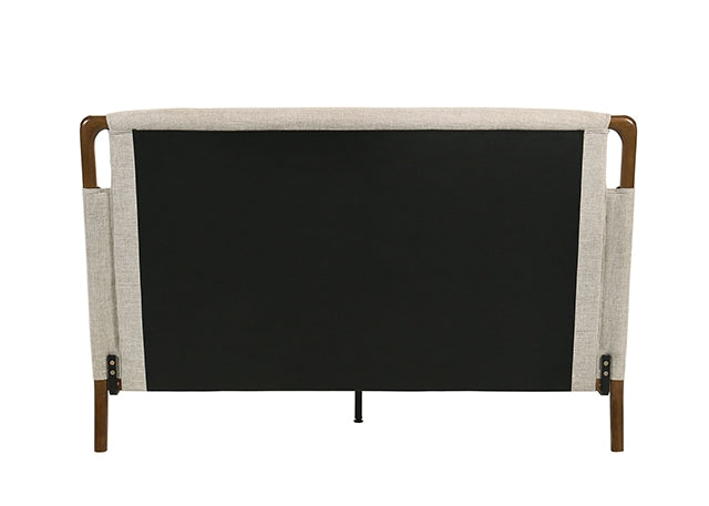 FM72025BG Didcot beige fabric walnut wood accents low rise platform queen bed frame mattress ready