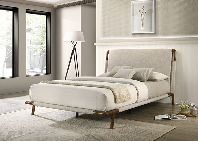 FM72025BG Didcot beige fabric walnut wood accents low rise platform queen bed frame mattress ready