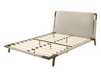 FM72025BG Didcot beige fabric walnut wood accents low rise platform queen bed frame mattress ready