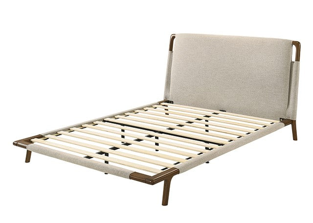 FM72025BG Didcot beige fabric walnut wood accents low rise platform queen bed frame mattress ready