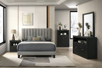 FM72026BK-4PC 4 pc Altamari grey fabric black finish wood channeled padded queen bedroom set