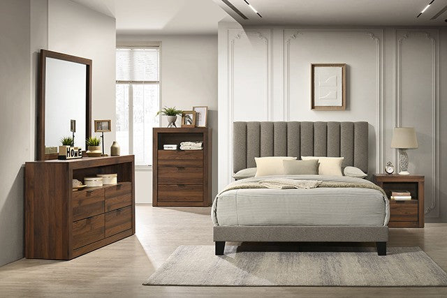 FM72026WN-4PC 4 pc Altamari brown fabric walnut finish wood channeled padded queen bedroom set