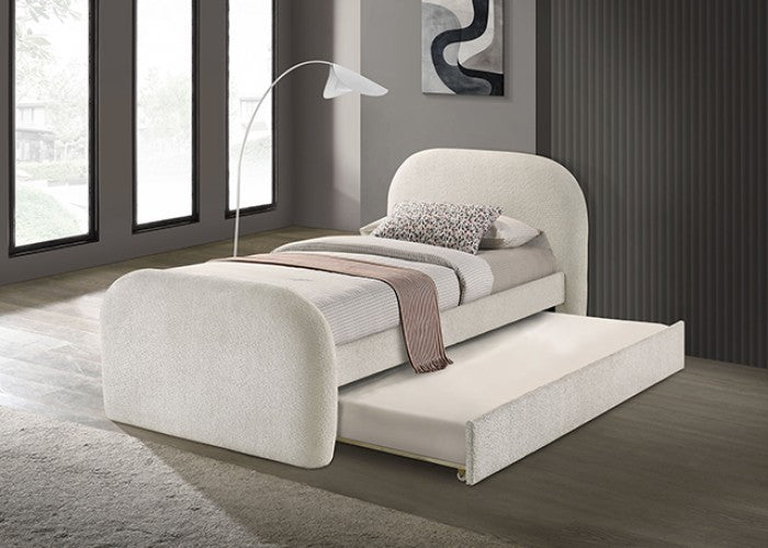 FM72028IV Vanni ivory white fabric upholstered twin rounded top trundle bed