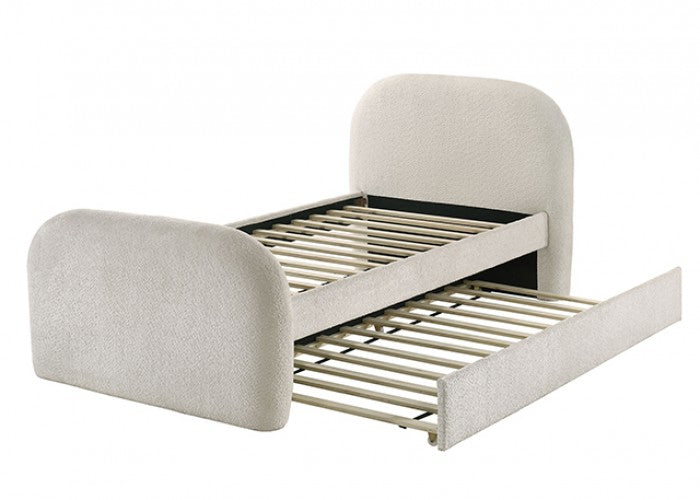 FM72028IV Vanni ivory white fabric upholstered twin rounded top trundle bed