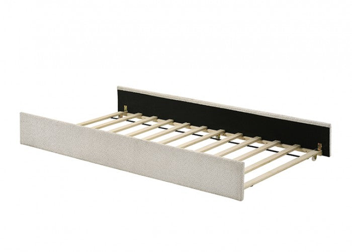 FM72028IV Vanni ivory white fabric upholstered twin rounded top trundle bed
