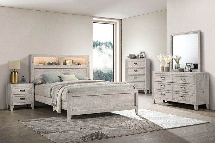 FM7202WH-4PC 4 pc Mysen white wash finish wood LED storage headboard modern queen bedroom set