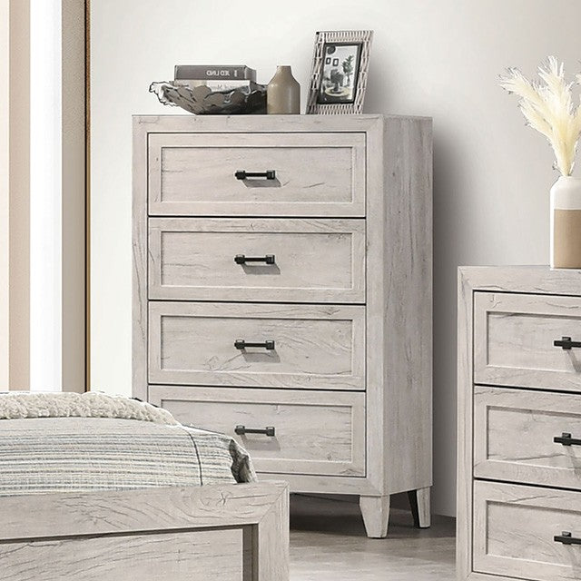 FM7202WH-C  Mysen white wash finish wood 4 drawer tall chest