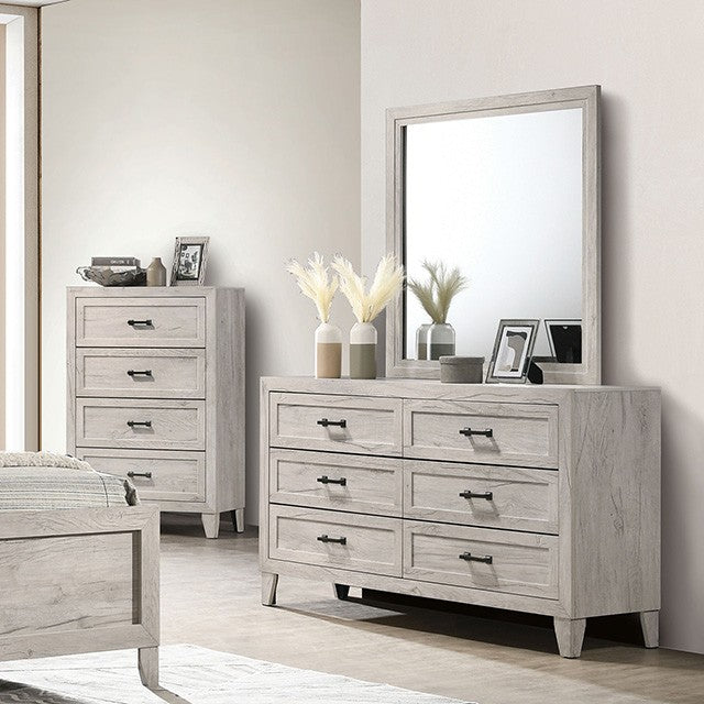 FM7202WH-4PC 4 pc Mysen white wash finish wood LED storage headboard modern queen bedroom set
