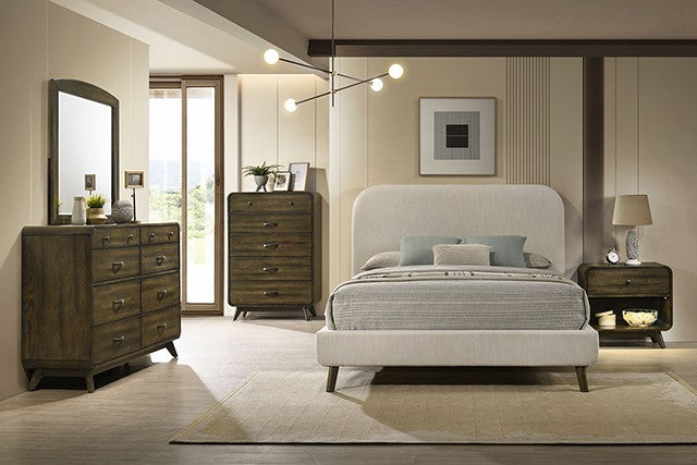 FM72032AK-4PC 4 pc Heswall walnut finish wood mid-century modern fabric upholstered queen bedroom set