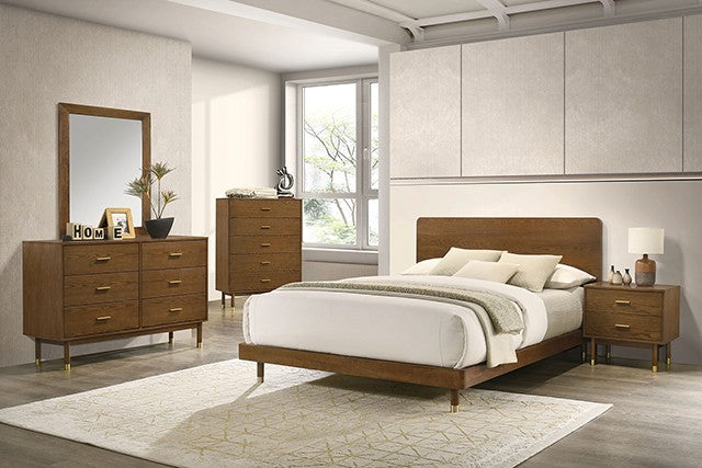 FM72034WN-4PC 4 pc Ripley walnut finish wood mid-century modern low rise queen bedroom set