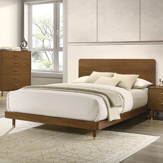 FM72034WN-4PC 4 pc Ripley walnut finish wood mid-century modern low rise queen bedroom set