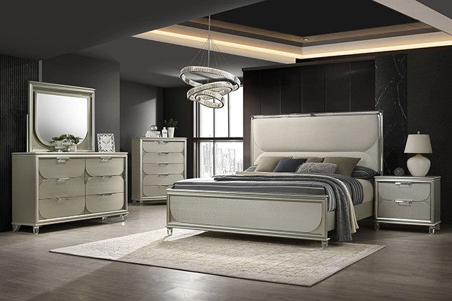 FM72080SV-4PC  4 pc Sheridan silver finish wood padded LED headboard queen bed set with acrylic legs