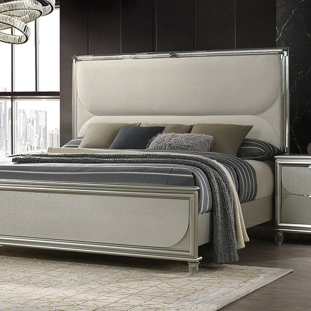 FM72080SV-4PC  4 pc Sheridan silver finish wood padded LED headboard queen bed set with acrylic legs