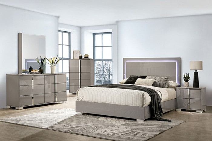 FM7211BG-4PC 4 pc Sinistra beige glossy finish wood LED accents headboard queen bedroom set silver metal vertical handles