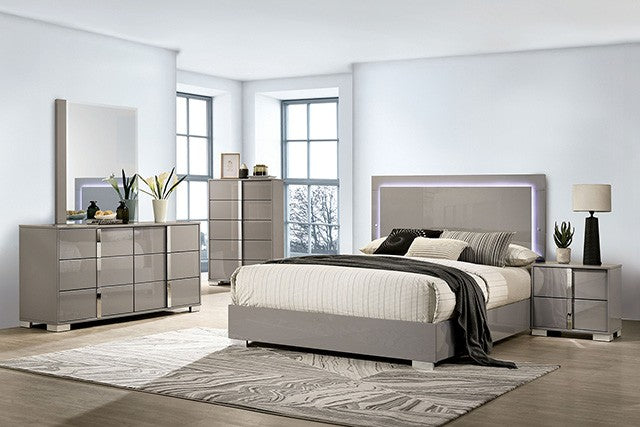 FM7211BG-4PC 4 pc Sinistra beige glossy finish wood LED accents headboard queen bedroom set silver metal vertical handles