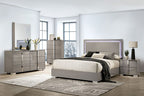 FM7211BG-4PC 4 pc Sinistra beige glossy finish wood LED accents headboard queen bedroom set silver metal vertical handles