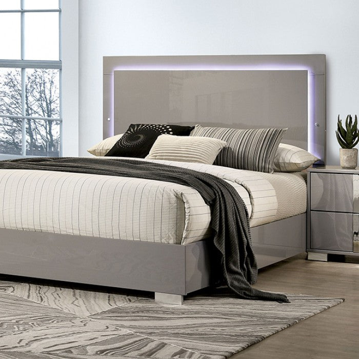 FM7211BG-4PC 4 pc Sinistra beige glossy finish wood LED accents headboard queen bedroom set silver metal vertical handles