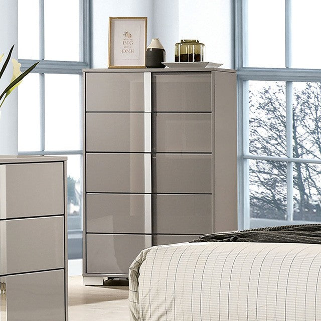 FM7211BG-C Sinistra beige glossy finish wood silver metal vertical handles 5 drawer tall chest