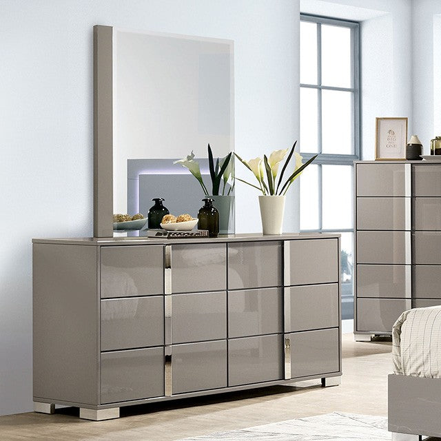 FM7211BG-D Sinistra beige glossy finish wood silver metal vertical handles 6 drawer dresser