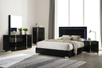 FM7211BK-4PC 4 pc Sinistra black glossy finish wood LED accents headboard queen bedroom set silver metal vertical handles