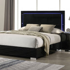 FM7211BK-4PC 4 pc Sinistra black glossy finish wood LED accents headboard queen bedroom set silver metal vertical handles
