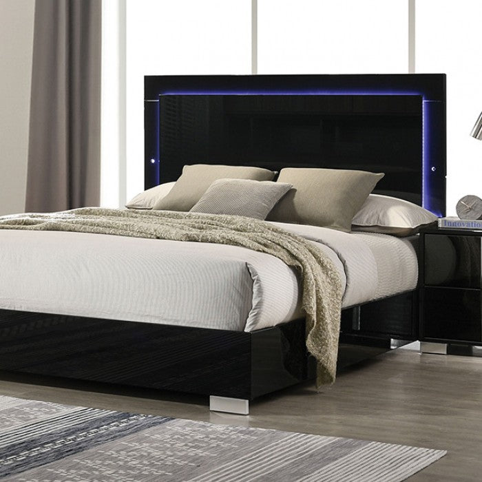 FM7211BK-4PC 4 pc Sinistra black glossy finish wood LED accents headboard queen bedroom set silver metal vertical handles