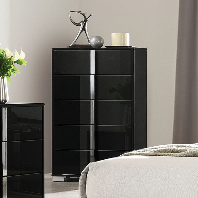 FM7211BK-C Sinistra black glossy finish wood silver metal vertical handles 5 drawer tall chest