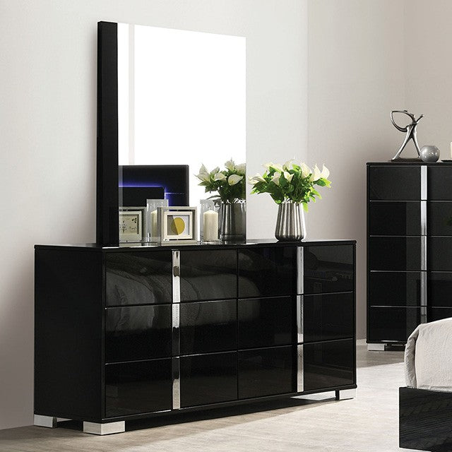 FM7211BK-D Sinistra black glossy finish wood silver metal vertical handles 6 drawer dresser