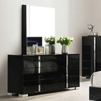 FM7211BK-4PC 4 pc Sinistra black glossy finish wood LED accents headboard queen bedroom set silver metal vertical handles